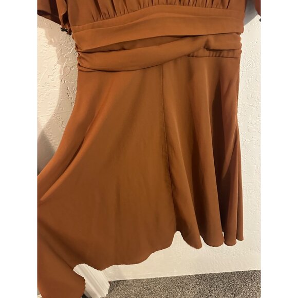 Y eShakti Retro Mocha Brown V Neck Ruched Middle Swing Midi Dress - Picture 3 of 15
